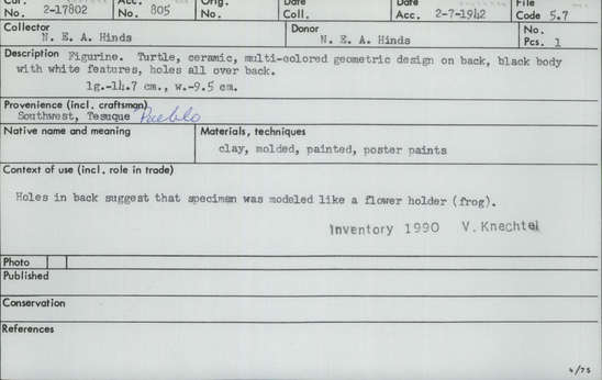 Documentation associated with Hearst Museum object titled Figurine, accession number 2-17802, described as Turtle. Ceramic. Multi-colored geometric design on back, black body with white features. Holes all over back. Molded, painted, poster paints.