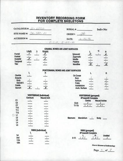 Documentation associated with Hearst Museum object titled Human remains and samples, accession number 12-6850, described as The nearly complete remains of one old adult male. Includes sample.