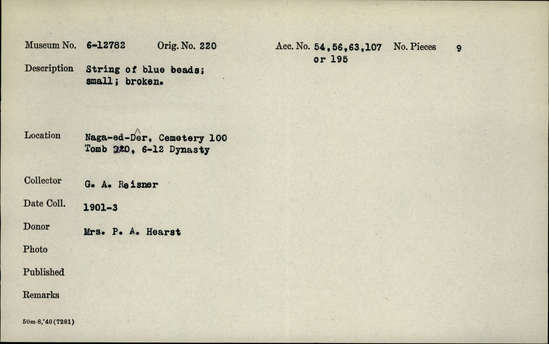 Documentation associated with Hearst Museum object titled Beads, accession number 6-12782, described as String of blue beads, small, broken