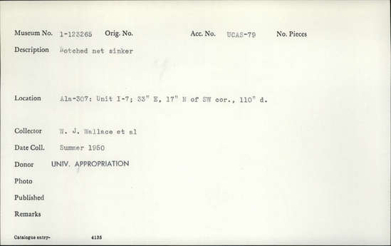 Documentation associated with Hearst Museum object titled Net sinker, accession number 1-123265, described as Notched net sinker