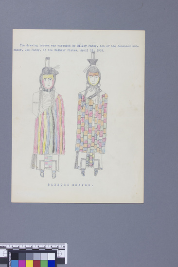 Hearst Museum object titled Drawing, accession number 17-660, described as Two standing Bannock men with elaborate costumes and ornaments.