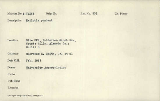 Documentation associated with Hearst Museum object titled Pendant, accession number 1-74345, described as Haliotis pendant Notice: Image restricted due to its potentially sensitive nature. Contact Museum to request access.