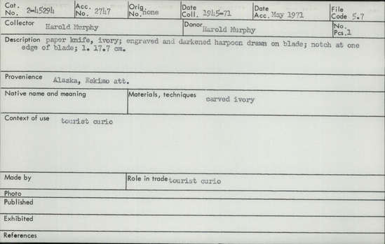 Documentation associated with Hearst Museum object titled Knife, accession number 2-45294, described as Paper knife carved of ivory.  Engraved and darkened harpoon drawn on blade; notch at one edge of blade.