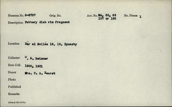 Documentation associated with Hearst Museum object titled Dish fragment, accession number 6-8737, described as Pottery dish rim fragment.