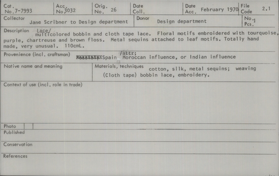 Documentation associated with Hearst Museum object titled Scarf, accession number 7-7993, no description available.