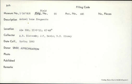 Documentation associated with Hearst Museum object titled Faunal remains, accession number 1-147608, described as Animal.