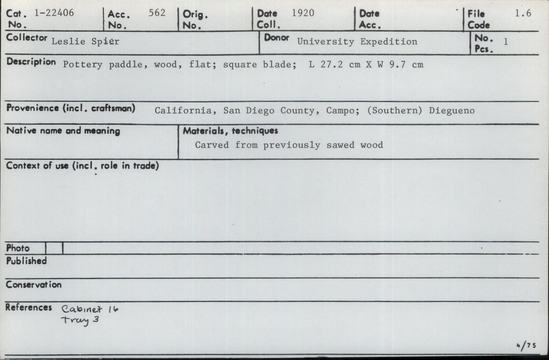 Documentation associated with Hearst Museum object titled Paddle, accession number 1-22406, described as Wooden pottery paddle.