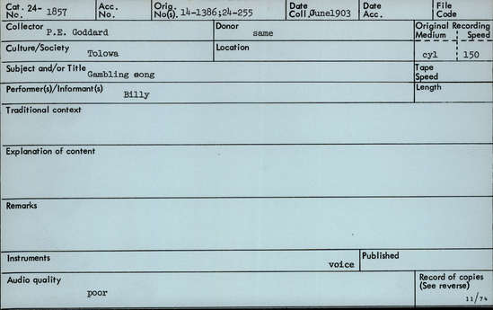 Documentation associated with Hearst Museum object titled Audio recording, accession number 24-1857, described as Gambling Song