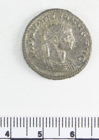 Hearst Museum object 4 of 8 titled Coin: billon antoninianus, accession number 8-4038, described as Coin; AG; Billon. Antoninianus; Roman. Aurelian, 270-275 AD. Obverse: IMP AVRELIANVS AVG, Bust r. radiate. Reverse: ORIENS AVG, Sol standing holding globe between two captives, IP, XXI* in field