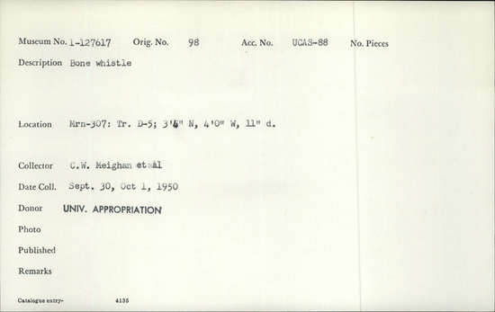 Documentation associated with Hearst Museum object titled Whistle, accession number 1-127617, described as Bone whistle. Notice: Image restricted due to its potentially sensitive nature. Contact Museum to request access.