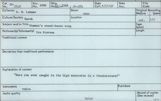 Documentation associated with Hearst Museum object titled Audio recording, accession number 24-2718, described as Shaman's Sweat-House Song