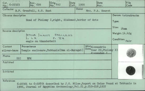 Documentation associated with Hearst Museum object titled Coin: billon tetradrachm, accession number 6-22323, described as Coin, silver base. Diameter 24 mm. Weight 14.42 grams. Condition fair. Denomination: silver base tetradrachm. Obverse description: Head of Ptolemy I, facing right, diademed, border of dots. Reverse description: [inscription] Eagle on thunderbolt. Mint date: Alexandria, year 20, reign of Ptolemy XI, Alexander I.