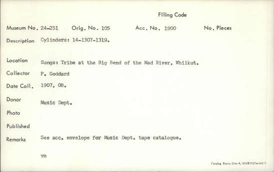 Documentation associated with Hearst Museum object titled Audio recording, accession number 24-251, described as Songs: Tribe at the Big Bend of the Mad River, Whilkut. See acc. envelope for music dept. tape catalogue. Cylinders: 14-1307-1319.