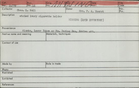 Documentation associated with Hearst Museum object titled Cigarette holder, accession number 2-779, described as Etched ivory cigarette holder