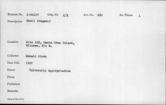 Documentation associated with Hearst Museum object titled Shell fragment, accession number 1-36157, described as Shell fragment.