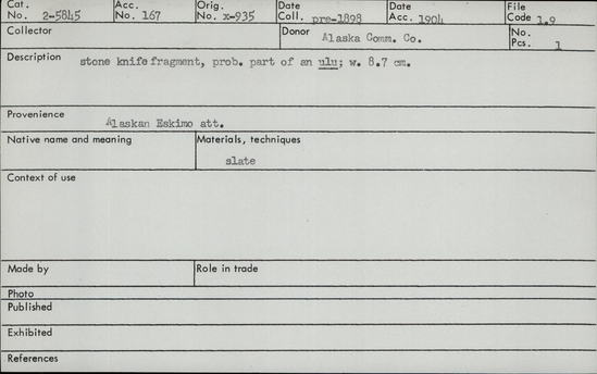 Documentation associated with Hearst Museum object titled Knife, accession number 2-5845, described as Piece of stone knife, probably ulu; slate.