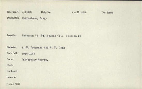 Documentation associated with Hearst Museum object titled Charmstone, accession number 1-69821, described as Charmstone fragment.