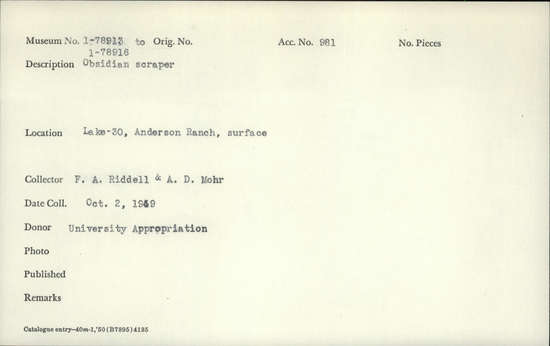 Documentation associated with Hearst Museum object titled Scraper, accession number 1-78914, described as Obsidian.