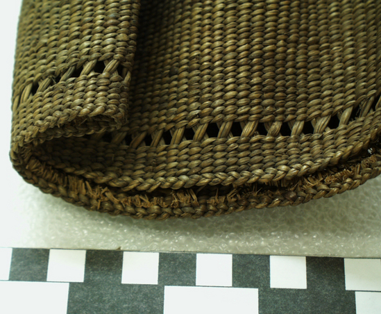 Hearst Museum object 4 of 4 titled Bag, accession number 2-4521, described as Basketry bag; twined, one row has crossed warps, conical; grass.