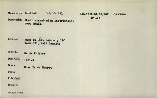 Documentation associated with Hearst Museum object titled Scarab with inscription, accession number 6-13144, described as Green scarab with inscription; very small. Hemisphere bead: Diameter 7.2 mm, height 2.6 mm.