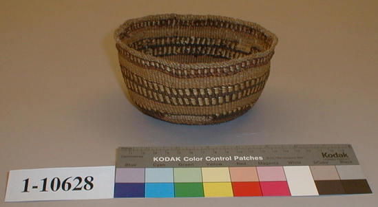 Hearst Museum object titled Basket, accession number 1-10628, described as Small flaring twined basket with white and reddish brown bars and lines overlaid.