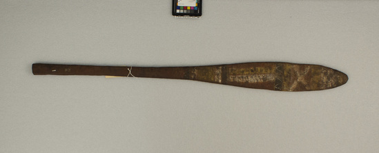 Hearst Museum object 6 of 6 titled Paddle, accession number 11-40803, described as Paddle- painted bands of yellow, red, white and black going in up and down and across directions; towards end of paddle white cross painted on both faces