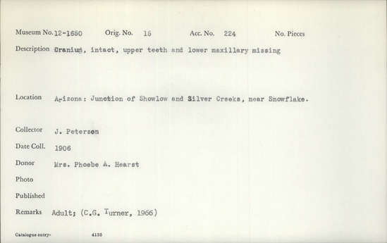 Documentation associated with Hearst Museum object titled Human remains, accession number 12-1650, described as Cranium, intact, upper teeth and lower maxillary missing Notice: Image restricted due to its potentially sensitive nature. Contact Museum to request access.