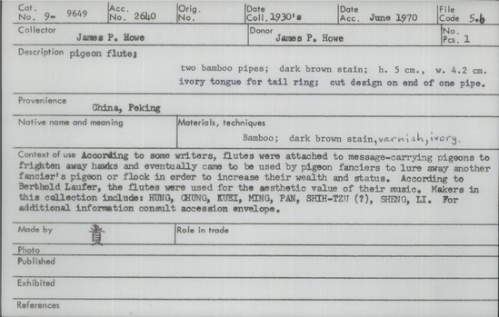 Documentation associated with Hearst Museum object titled Pigeon flute, accession number 9-9649, described as pigeon flute; 2 bamboo pipes; dk.brown stain; ht. 5 cm., w. 4.2 cm. ivory tongue for tail ring; cut design on end of one pipe