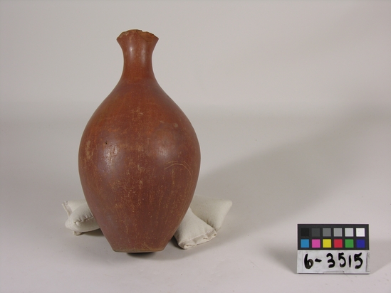 Hearst Museum object titled Broken bowl, accession number 6-3515, described as Pottery, red bottle, mouth broken; greatest diameter 14 cm, height 27 cm