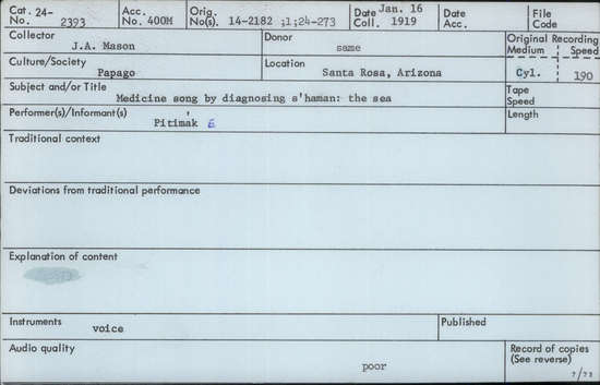 Documentation associated with Hearst Museum object titled Audio recording, accession number 24-2393, described as Medicine song by diagnosing shaman: the sea