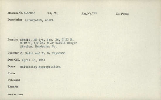 Documentation associated with Hearst Museum object titled Projectile point, accession number 1-60038, described as chert arrowpoint