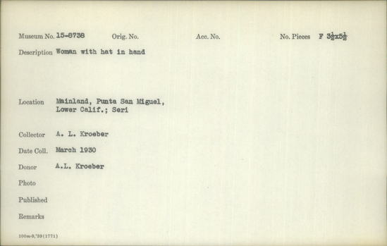 Documentation associated with Hearst Museum object titled Black-and-white negative, accession number 15-8738, described as Woman with hat in hand.