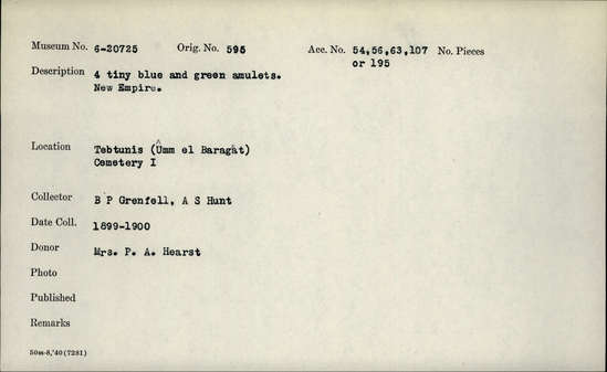 Documentation associated with Hearst Museum object titled Amulets, accession number 6-20725, described as four tiny blue and green amulets. New Empire