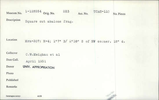 Documentation associated with Hearst Museum object titled Shell fragment, accession number 1-128554, described as Square cut abalone fragment.