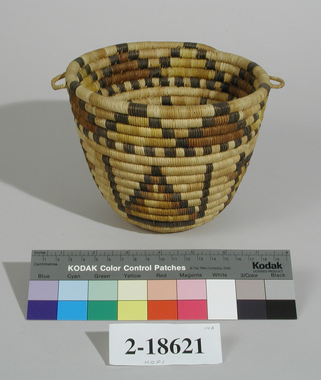 Hearst Museum object titled Bowl basket, accession number 2-18621, described as Coiled, bowl shape, katchina designs; small handles.