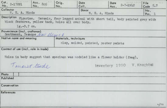 Documentation associated with Hearst Museum object titled Figurine, accession number 2-17091, described as Ceramic, four legged animal with short tail. Body painted grey with black figures, yellow back, holes all over body. Molded, poster paints.