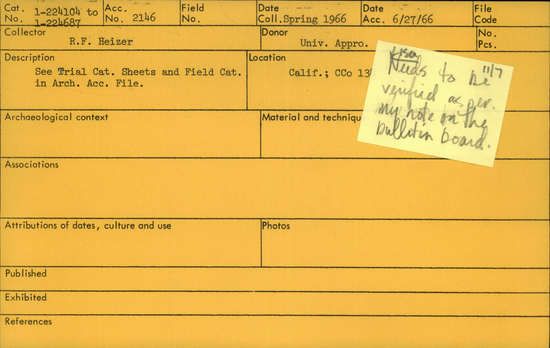 Documentation associated with Hearst Museum object titled Flake, accession number 1-224116, described as Made of obsidian.