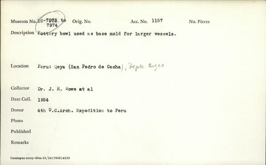 Documentation associated with Hearst Museum object titled Bowl, accession number 16-7973, described as Pottery bowl used as base mold for larger vessels