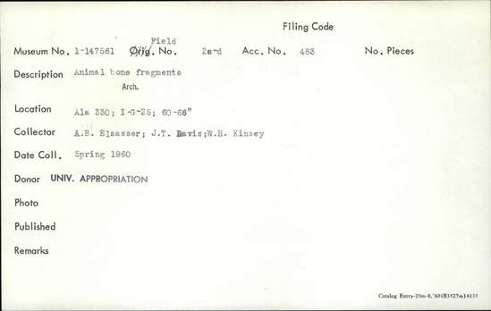 Documentation associated with Hearst Museum object titled Faunal remains, accession number 1-147561, described as Animal.