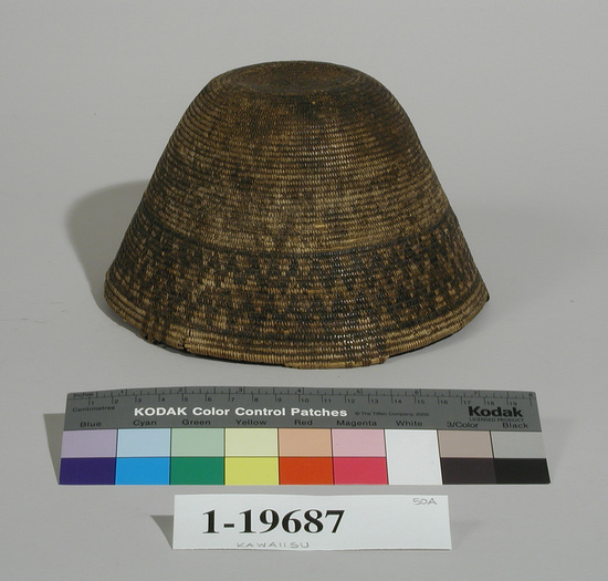 Hearst Museum object titled Cap, accession number 1-19687, described as Old, worn coiled basketry cap.