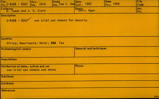 Documentation associated with Hearst Museum object titled Flake, accession number 5-8298, described as Prismatic flake; pointed; narrowed to stem; thin; length 3.9 cm