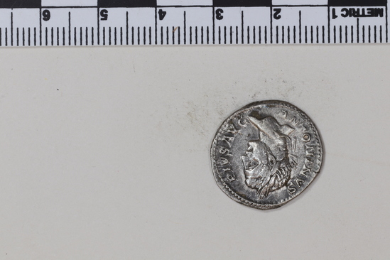 Hearst Museum object 7 of 8 titled Coin: denarius, accession number 8-5649, described as Coin. Roman denarius. (    gms.; 21 mm.) Caracalla. 206-210 AD. Rome. Obverse: ANTONINVS PIVS AVG   Head facing right, laureate. Reverse: LIBERALITAS AVG VI    Liberalitas standing facing left.