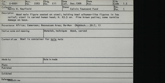 Documentation associated with Hearst Museum object titled Carved wood figure, accession number 5-6001, described as Wood male figure seated on stool; holding bowl with human-like figures in low relief; stool is carved human head; h. 63.5 cm. Fine brown patina; some termite damage on base.