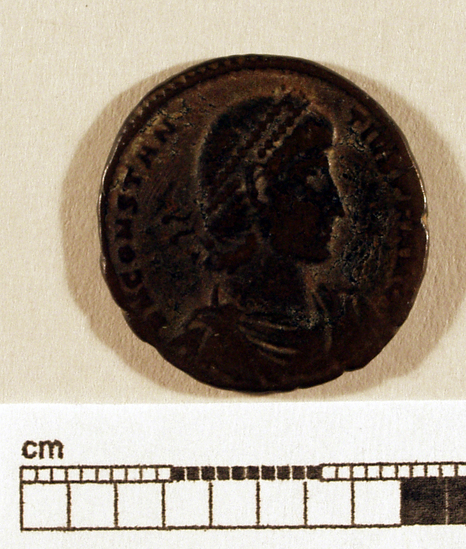 Hearst Museum object titled Coin: æ, accession number 8-6224, described as Con: Æ; Constantius II - 5.54 grms. Obverse: DN CONSTANTIVS P F AVG - Bust facing right, diademed, draped. Reverse: FEL TEMP REPARATIO - Soldier attacking an enemy I [over] CONST.