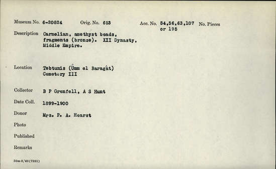 Documentation associated with Hearst Museum object titled Beads, accession number 6-20824, described as Carnelian, amethyst beads, fragments (bronze). XII Dynasty, Middle Empire