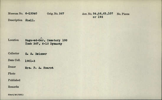 Documentation associated with Hearst Museum object titled Shell, accession number 6-13340, described as [inv.: half of large bi-valve shell]