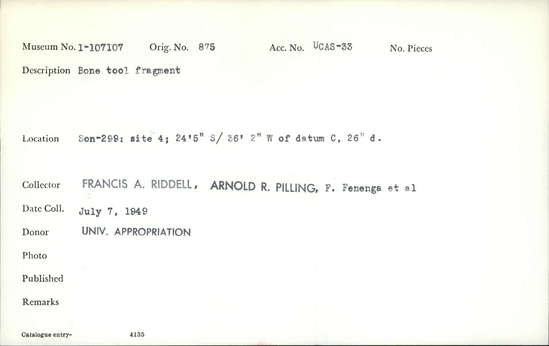 Documentation associated with Hearst Museum object titled Worked bone, accession number 1-107107, described as Bone.