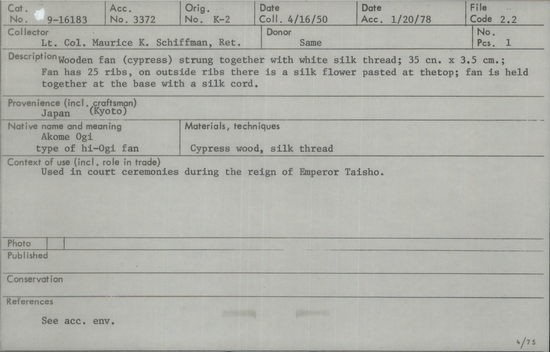 Documentation associated with Hearst Museum object titled Fan, accession number 9-16183, described as Wooden fan (cypress) strung together with white silk thread. Fan has 25 ribs, on outside ribs there is a silk flower pasted at the top; fan is held together at the base with a silk cord.