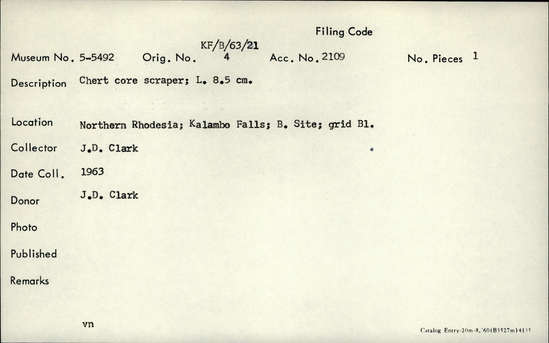 Documentation associated with Hearst Museum object titled Scraper, accession number 5-5492, described as Chert core scraper; L. 8.5 cm