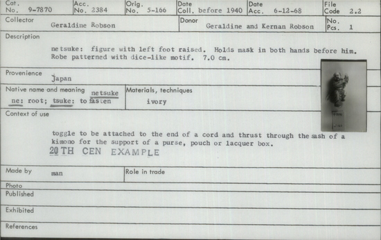 Documentation associated with Hearst Museum object titled Netsuke, accession number 9-7870, described as netsuke: figure with left foot raised. Holds mask in both hands before him. Robe patterned with dice-like motif.